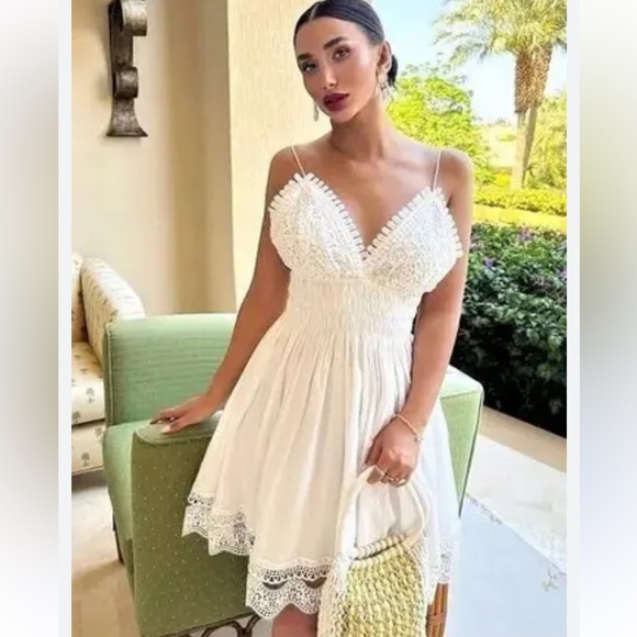 ZARA Crochet Lace Mini Dress White Flared Strappy - Picture 1 of 14